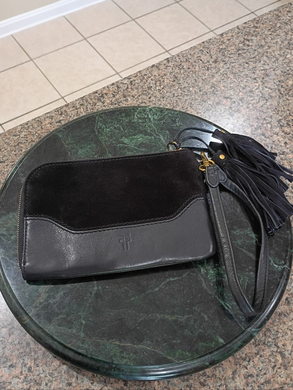 Frye Black Suede & Leather Tassel Wristlet Clutch